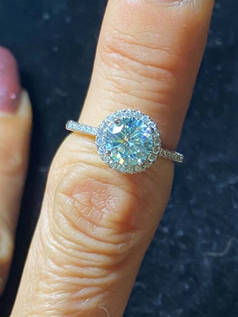 .925 Sterling Silver Blue Moissanite/Diamond Halo Engagement Ring